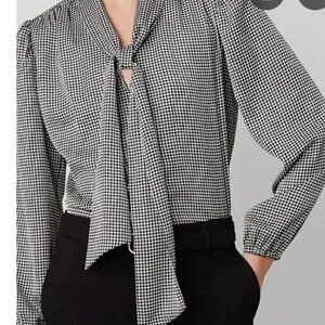 Ann Taylor Black and White Houndstooth Tie-Neck Blouse